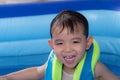 Happy Funny Baby Boy Kid Toddler wearing life jacket playing water in the pool Royalty Free Stock Photo