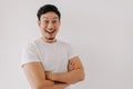 Happy funny big smile face of man wears white t-shirt portrait isolated on white background. Royalty Free Stock Photo