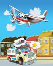 Happy and funny cartoon ambulance looking and smiling driving through the city and plane flying - illustration for children Royalty Free Stock Photo