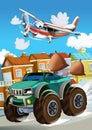 Happy and funny cartoon car looking and smiling driving through the city and plane flying - illustration for children Royalty Free Stock Photo