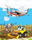 Happy and funny cartoon excavator digger looking and smiling driving through the city and plane flying - illustration for children