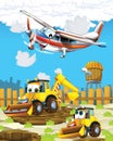 Happy and funny cartoon excavator digger looking and smiling driving through the city and plane flying - illustration for children Royalty Free Stock Photo