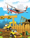 Happy and funny cartoon excavator digger looking and smiling driving through the city and plane flying - illustration for children Royalty Free Stock Photo