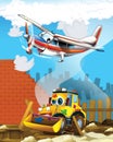 Happy and funny cartoon excavator digger looking and smiling driving through the city and plane flying - illustration for children