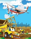 Happy and funny cartoon excavator digger looking and smiling driving through the city and plane flying - illustration for children Royalty Free Stock Photo