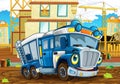 Happy and funny cartoon police truck looking and smiling driving through the city or construction site