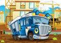 Happy and funny cartoon police truck looking and smiling driving through the city or construction site