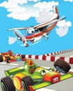 Happy and funny cartoon racing car looking and smiling driving through the city and plane flying - illustration for children Royalty Free Stock Photo