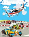 Happy and funny cartoon racing car looking and smiling driving through the city and plane flying - illustration for children