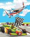 Happy and funny cartoon racing car looking and smiling driving through the city and plane flying - illustration for children Royalty Free Stock Photo