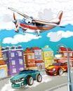 Happy and funny cartoon racing car looking and smiling driving through the city and plane flying - illustration for children Royalty Free Stock Photo