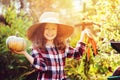 Happy funny child girl in farmer hat and shirt playing and picking autumn vegetable harvest Royalty Free Stock Photo