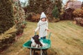 Happy funny child girl riding her dog in wheelbarrow in autumn garden, candid outdoor capture Royalty Free Stock Photo