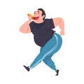 Happy Funny Fat Man Eating Hotdog, Obese Guy Enjoying of Fast Food Dish while Walking, Unhealthy Diet and Lifestyle