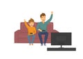 Happy funny father and son playing video games on tv, sitting on sofa at home, fathers day fun vector