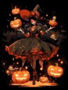 A happy funny girl is juggling Halloween pumpkins and laughing.