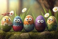 Happy funny group Easter egg cartoon character on the background of nature, Easter concept, generated ai