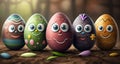 Happy funny group Easter egg cartoon character, Easter concept background, generated ai