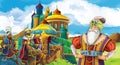 Cartoon scene with arabian king near some magnificent castle and magician