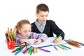 Happy funny kids draw. The boy and the girl draws pencils. Creativity concept. Royalty Free Stock Photo