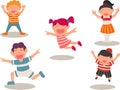 Happy funny kids jumping. Five cute kids jumping for joy together. Concept of childhood, playground, fun.Cartoon school boy and Royalty Free Stock Photo