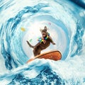 Happy and funny Labrador dog surfing on huge wave in ocean or sea on summer vacation with modern sunglasses and flower