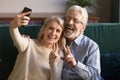 Happy funny mature senior couple taking selfie looking at smartphone