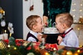 Happy funny mother and two boys with Christmas cake in the Christmas tree decorated kitchen Royalty Free Stock Photo