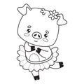 Happy funny pig girl ballerina. Cute outline cartoon animal. Line drawing, coloring book. Vector illustration. Kids Royalty Free Stock Photo