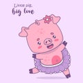 Happy funny pig girl ballerina. Vector illustration. Cute card with cartoon kawaii animal character and slogan. Kids Royalty Free Stock Photo