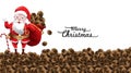 Happy funny santa claus holding bag full of coffee beans for christmas gift and present with waving and greeting. Winter holiday