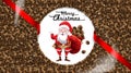 Happy funny santa claus holding bag full of coffee beans for christmas gift and present with waving and greeting. Winter holiday Royalty Free Stock Photo