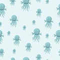 Happy and funny sea cartoon octopus monster swimming and looking on light background. Royalty Free Stock Photo