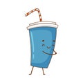 Happy funny smiling blue soda cup with straw cartoon character vector illustration