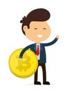 Happy funny smiling businessman hold bitcoin