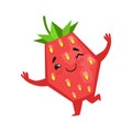 Happy funny strawberry dancing. Cute cartoon emoji character vector Illustration