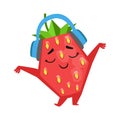 Happy funny strawberry dancing and listening to music in headphones. Cute cartoon emoji character vector Illustration