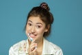 Happy funny teen girl brush her teeth, healthy concept. Morning theme