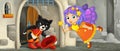 Cartoon scene with flying little fairy and cat welcoming in front of castle gate