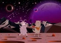 Happy Funny White Cartoon Fluffy Goat dance and fluffy dog playing a guitar on another planet in open space Royalty Free Stock Photo