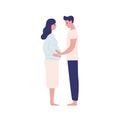 Happy future parents hugging vector flat illustration. Smiling cartoon man touching belly of pregnant female isolated on