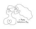 Happy Galentine's Day design whith two woman faces abstract one continuous line portrait. Modern minimalist style