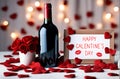 Happy Galentine`s day greeting banner. A bottle of wine, roses in vase, red hearts and frame Royalty Free Stock Photo