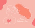 Happy Galentine's Day design whith two woman faces abstract one continuous line portrait. Modern minimalist style