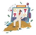 Happy gambler standing on money pile in front of slot machine, flat vector illustration. Lucky rich man casino winner.