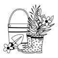Happy garden, boots bucket rake shovel and flowers line icon style