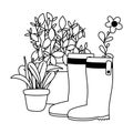 Happy garden, boots plants in pots flower decoration line icon style