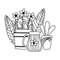 Happy garden, bucket watering can boot flowers and potted plant line icon style