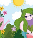 Happy garden, girl with green hairstyle floral leaves and flowers watering can