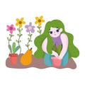 Happy garden, girl with green hairstyle floral planting plants in pot flowers fruit